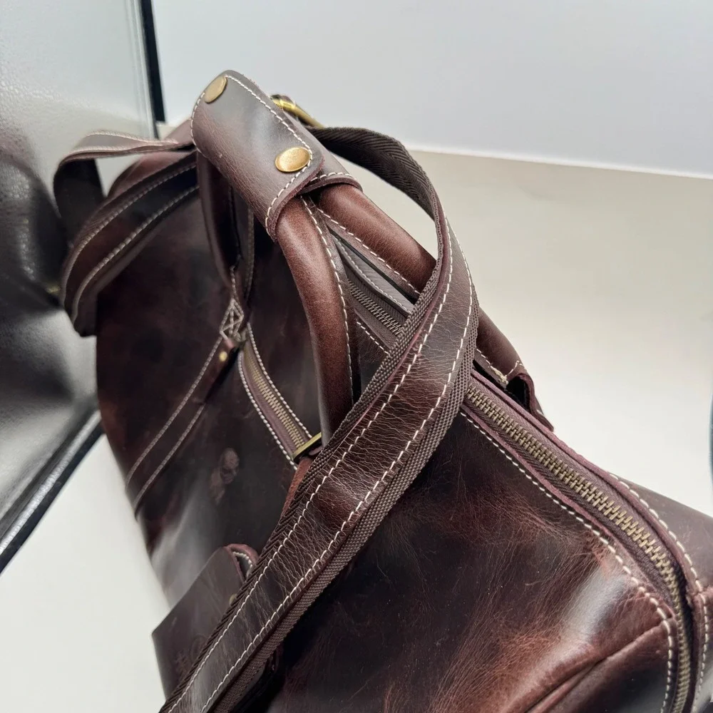 Rustic Town Leather Duffel Bag Dark Brown Weekender Travel Carry On Luggage Tag
